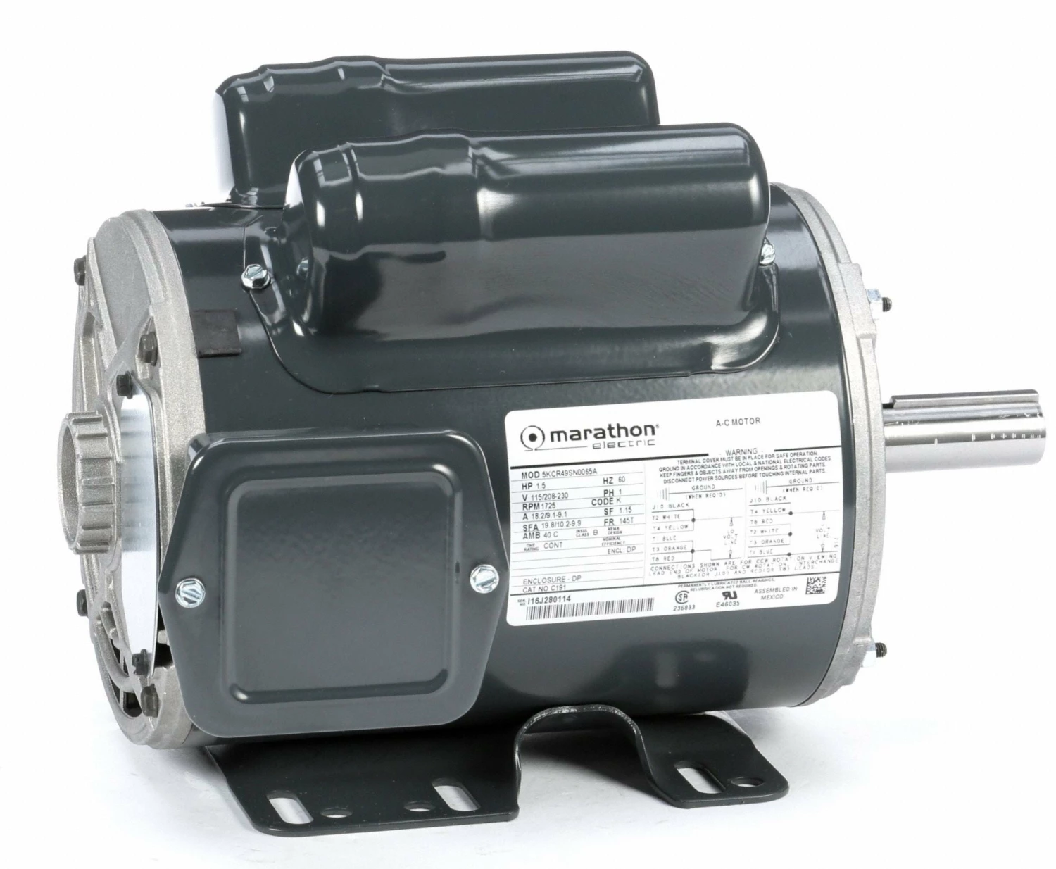 Marathon Motors 1 1/2 HP, General Purpose Motor, Capacitor-Start/Run, 1725 Nameplate RPM, 115/208-230 Voltage - 145B17DRR40002A1 - Image 2