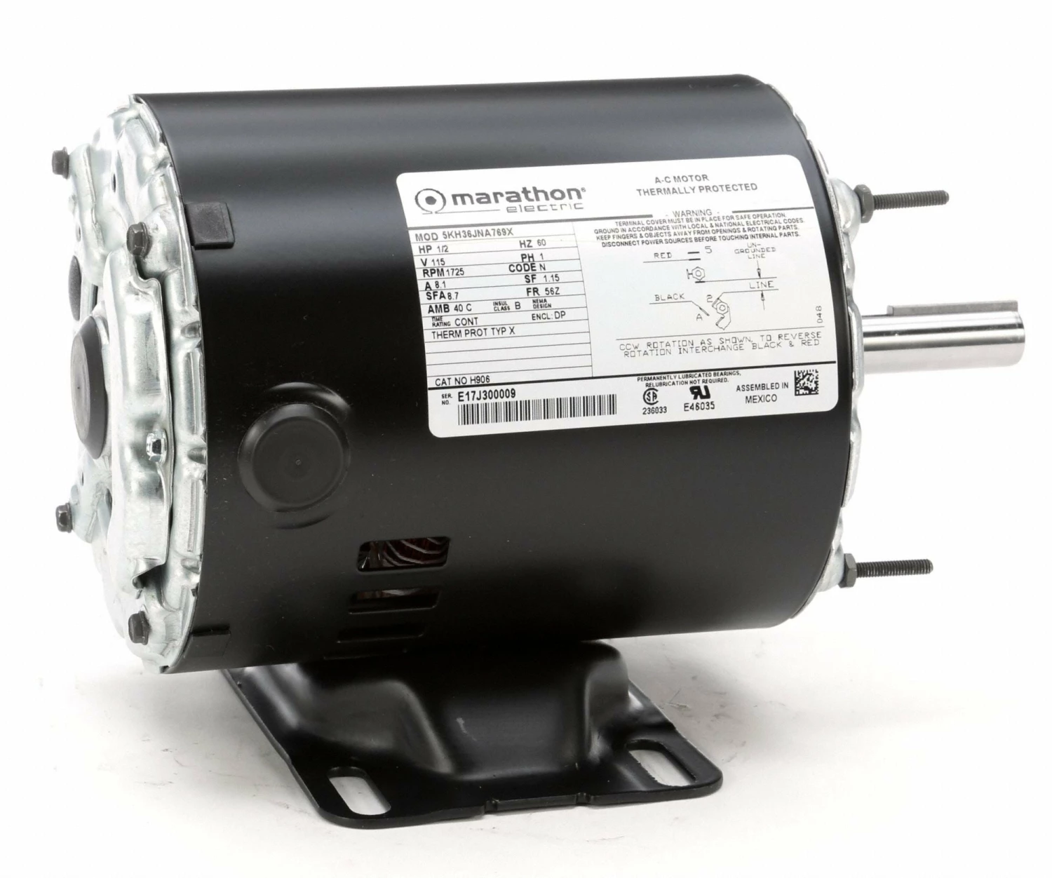 Marathon Motors 1/2 HP, General Purpose Motor, Split-Phase, 1725 Nameplate RPM, 115 Voltage, 56Z Frame - 5KH36JNA769X - Image 2