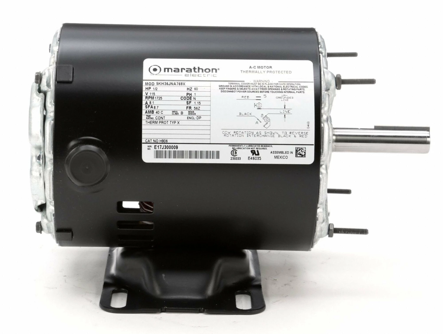 Marathon Motors 1/2 HP, General Purpose Motor, Split-Phase, 1725 Nameplate RPM, 115 Voltage, 56Z Frame - 5KH36JNA769X - Image 4