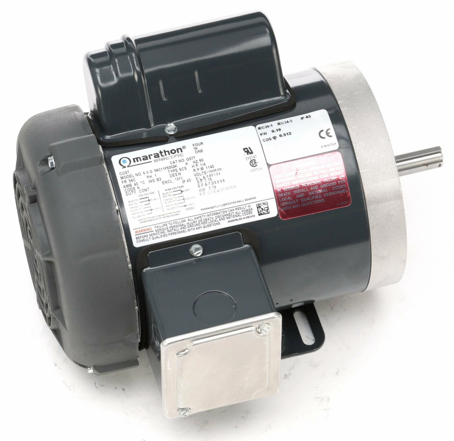 Marathon Motors 1/4 HP, General Purpose Motor, Capacitor-Start, 1140 Nameplate RPM, 115/208-230 Voltage - 056C11F5302 - Image 2