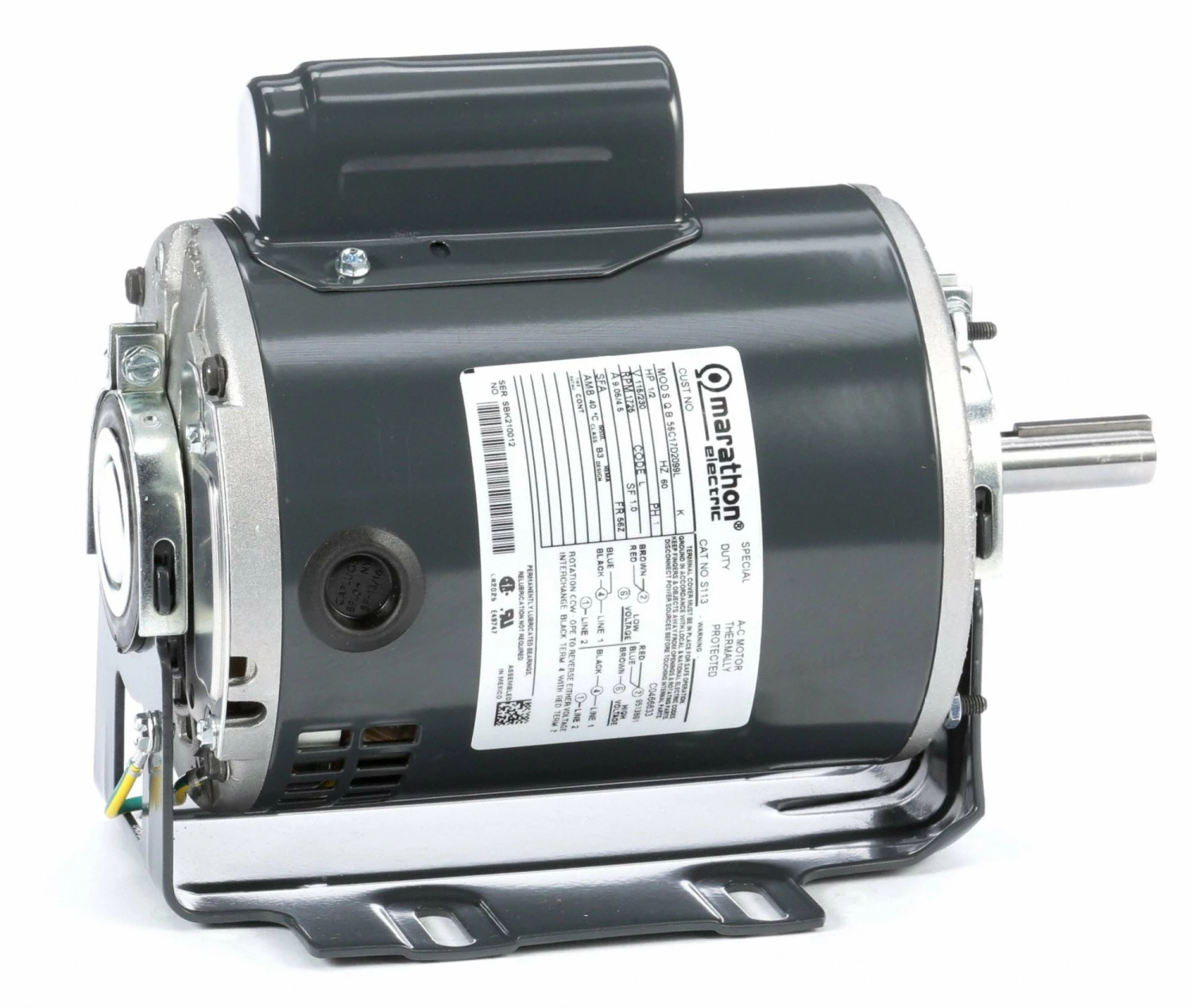 Marathon Motors 1/2 HP, General Purpose Motor, Capacitor-Start, 1725 Nameplate RPM, 115/230 Voltage, 56Z Frame - 056C17D2099 - Image 2