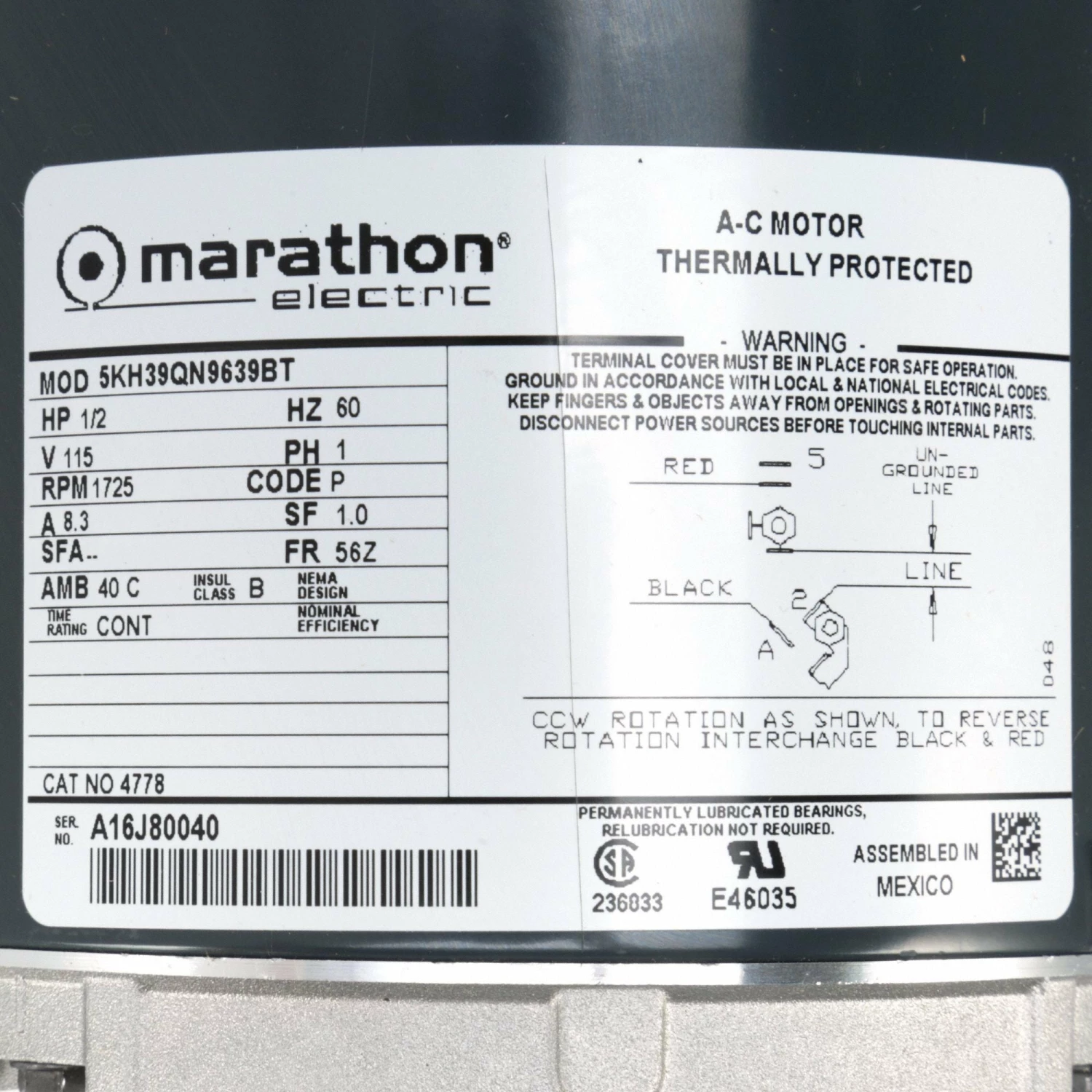 Marathon Motors 1/2 HP, General Purpose Motor, Split-Phase, 1725 Nameplate RPM, 115 Voltage, 56Z Frame - 5KH39QN9639T - Image 2
