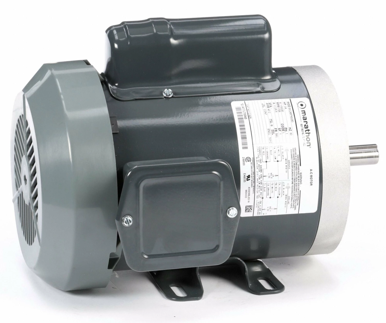 Marathon Motors 3/4 HP, General Purpose Motor, Capacitor-Start, 1725 Nameplate RPM, 115/230 Voltage, 56C Frame - 5KC49PN0283 - Image 2