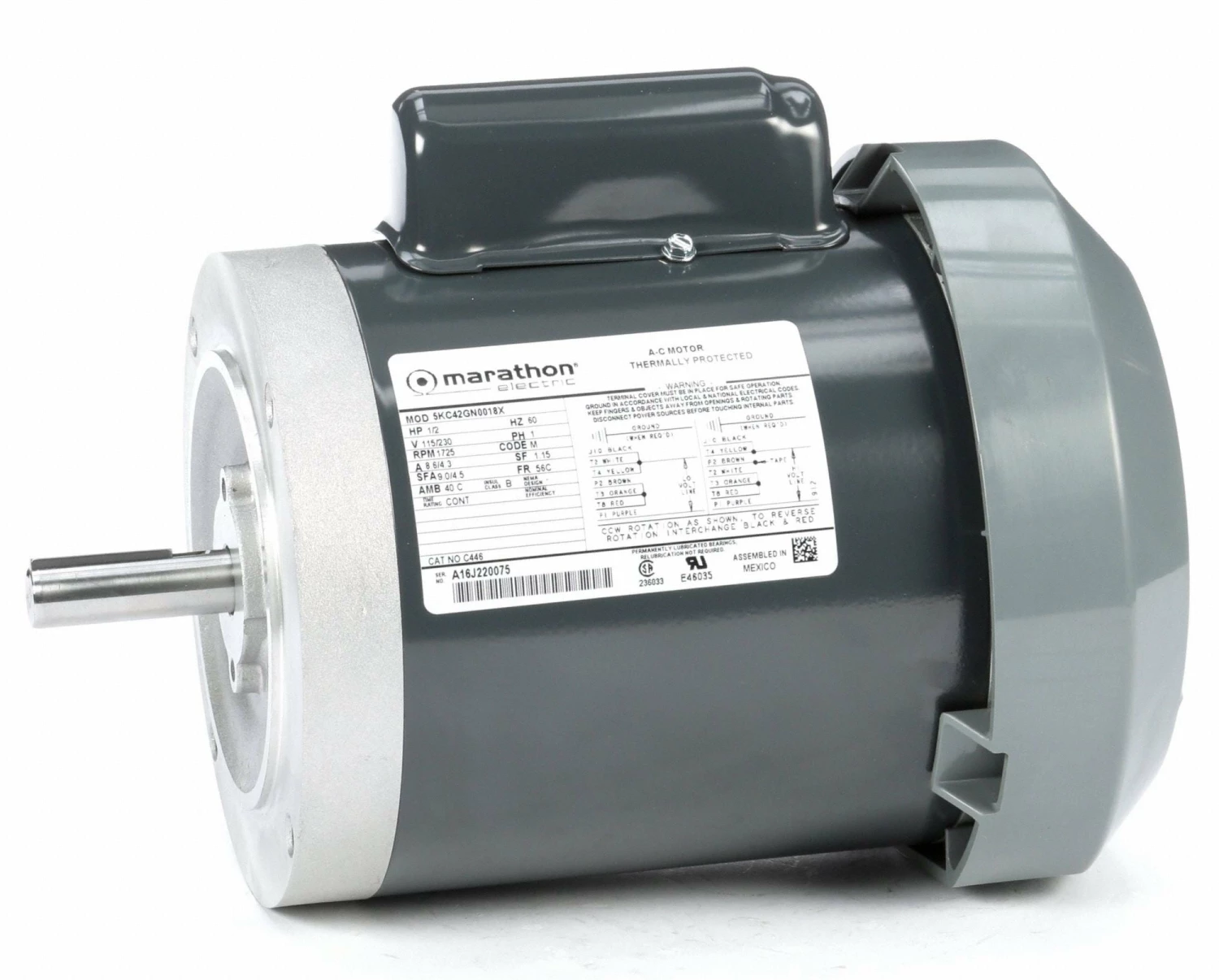 Marathon Motors 1/2 HP, General Purpose Motor, Capacitor-Start, 1725 Nameplate RPM, 115/230 Voltage, 56C Frame - 5KC42GN0018X - Image 2