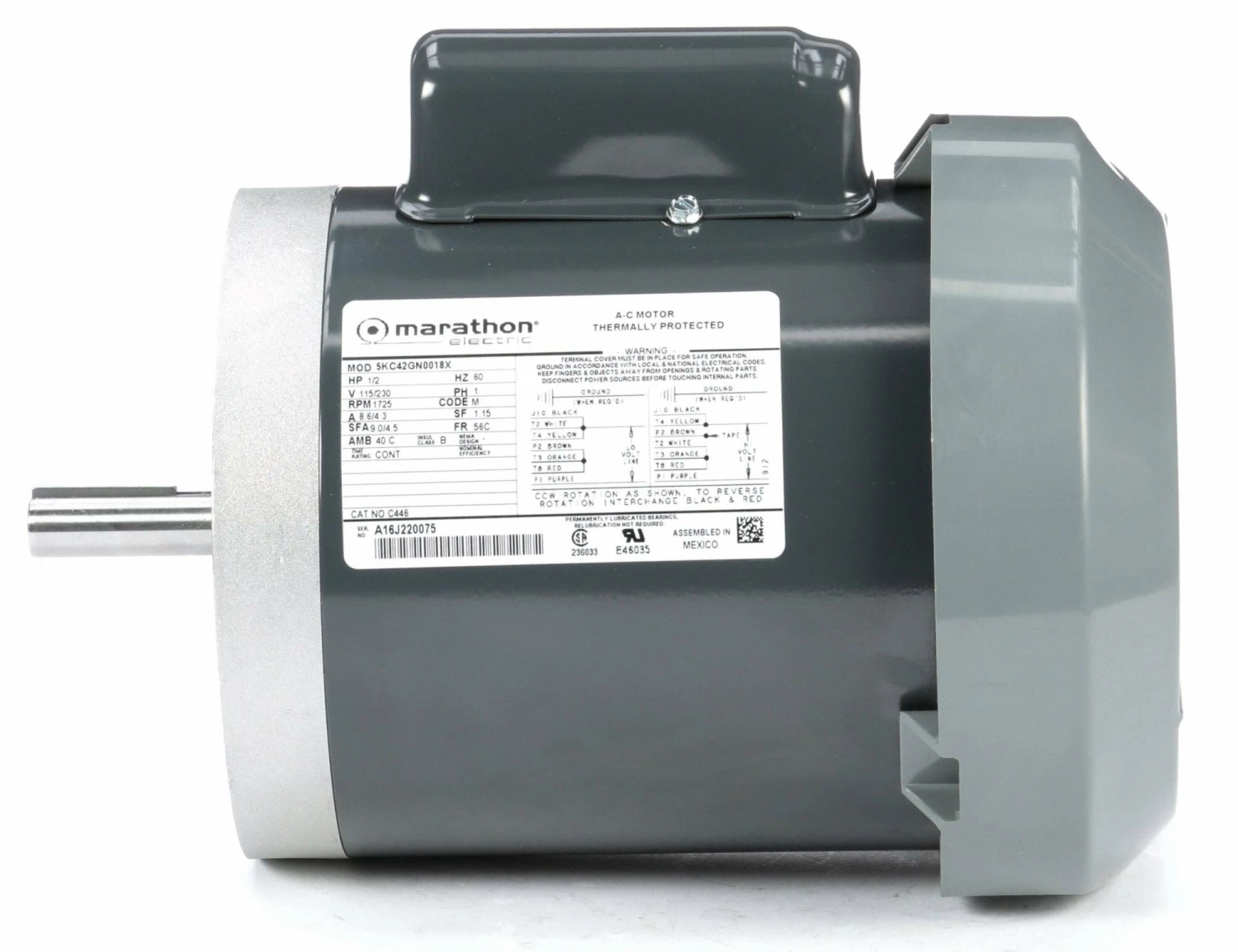 Marathon Motors 1/2 HP, General Purpose Motor, Capacitor-Start, 1725 Nameplate RPM, 115/230 Voltage, 56C Frame - 5KC42GN0018X - Image 4