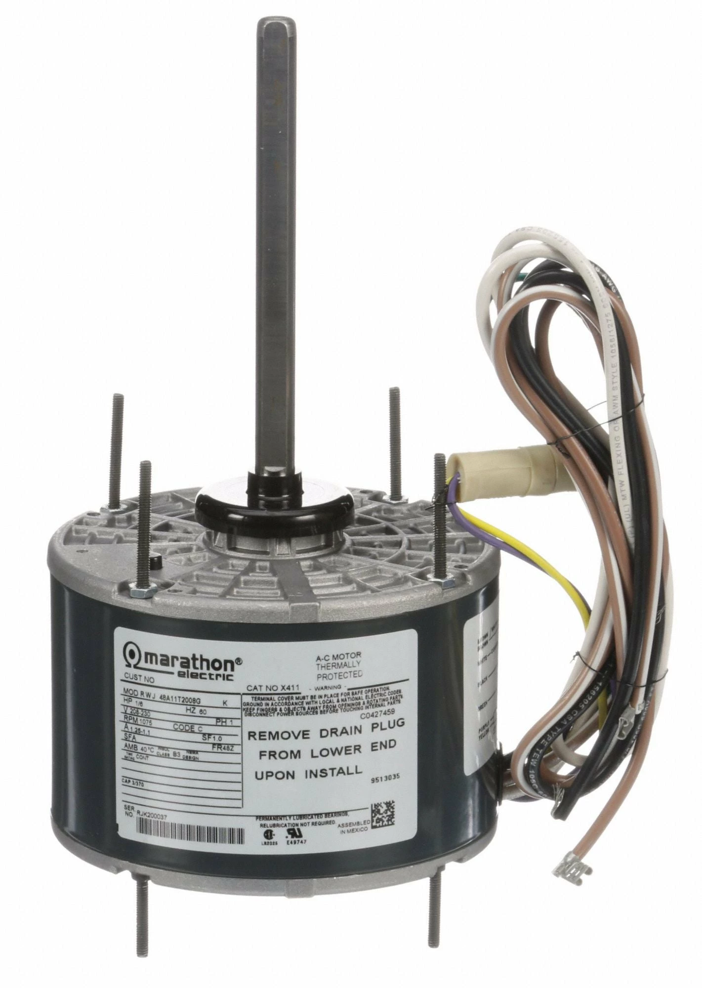 Marathon Motors 1/6 HP Condenser Fan Motor,Permanent Split Capacitor,1075 Nameplate RPM,208-230 Voltage,Frame 48Y - 048A11T2008 - Image 2