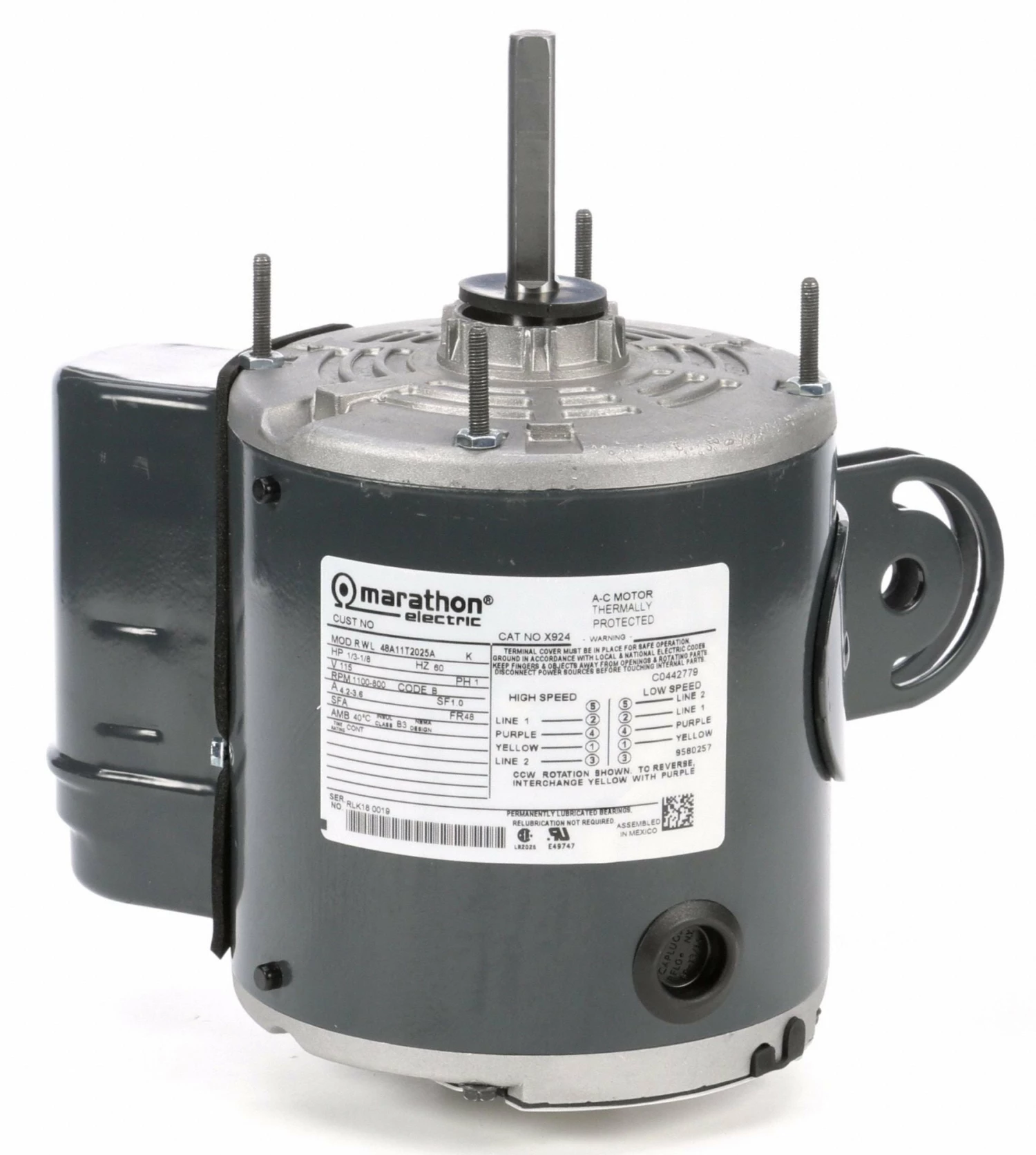 Marathon Motors 1/3 HP Pedestal Fan Motor, Permanent Split Capacitor, 1100 Nameplate RPM,115 Voltage, Frame 48 - 048A11T2025 - Image 2