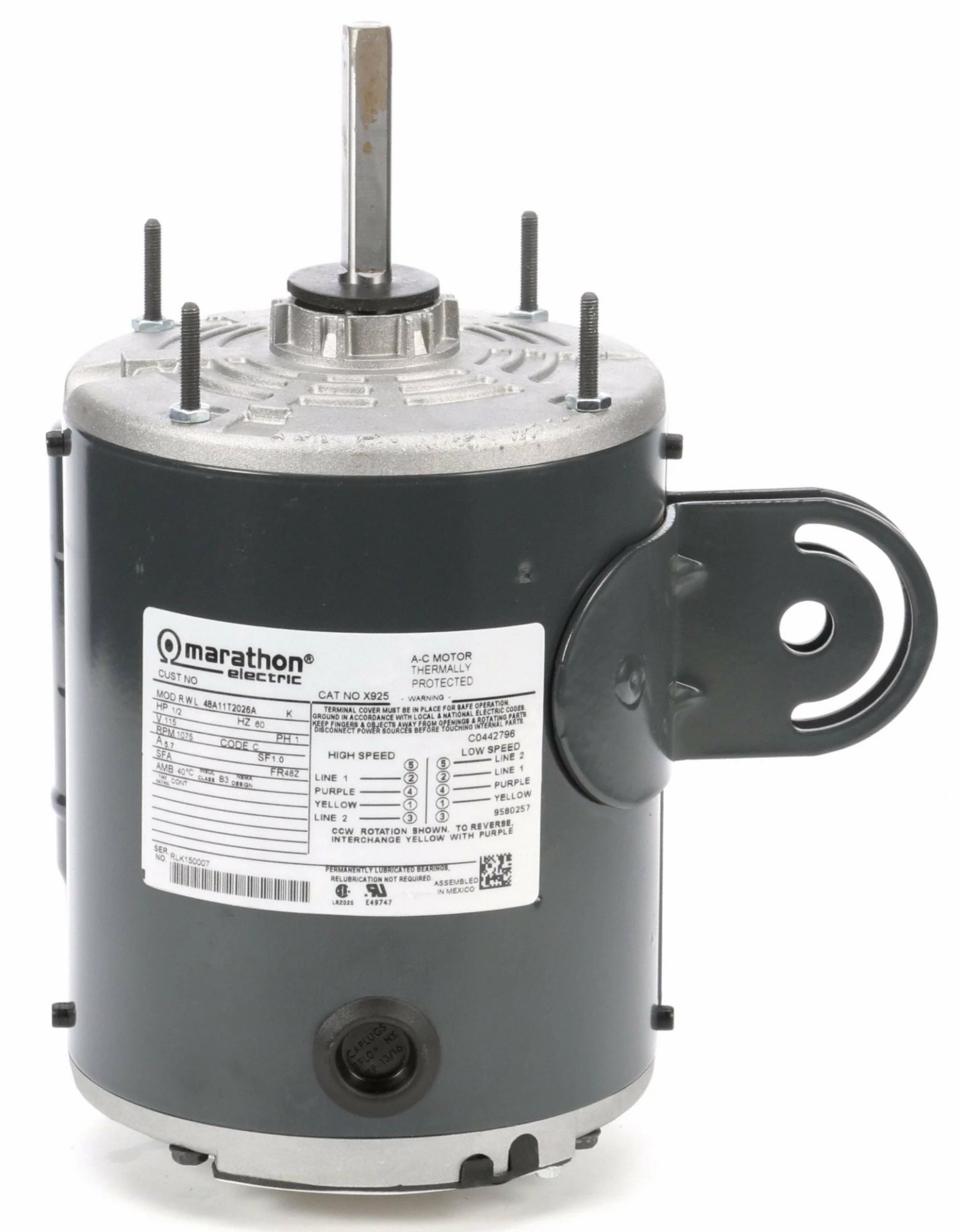 Marathon Motors 1/2 HP Pedestal Fan Motor, Permanent Split Capacitor, 1075 Nameplate RPM,115 Voltage, Frame 48Z - 048A11T2026 - Image 2