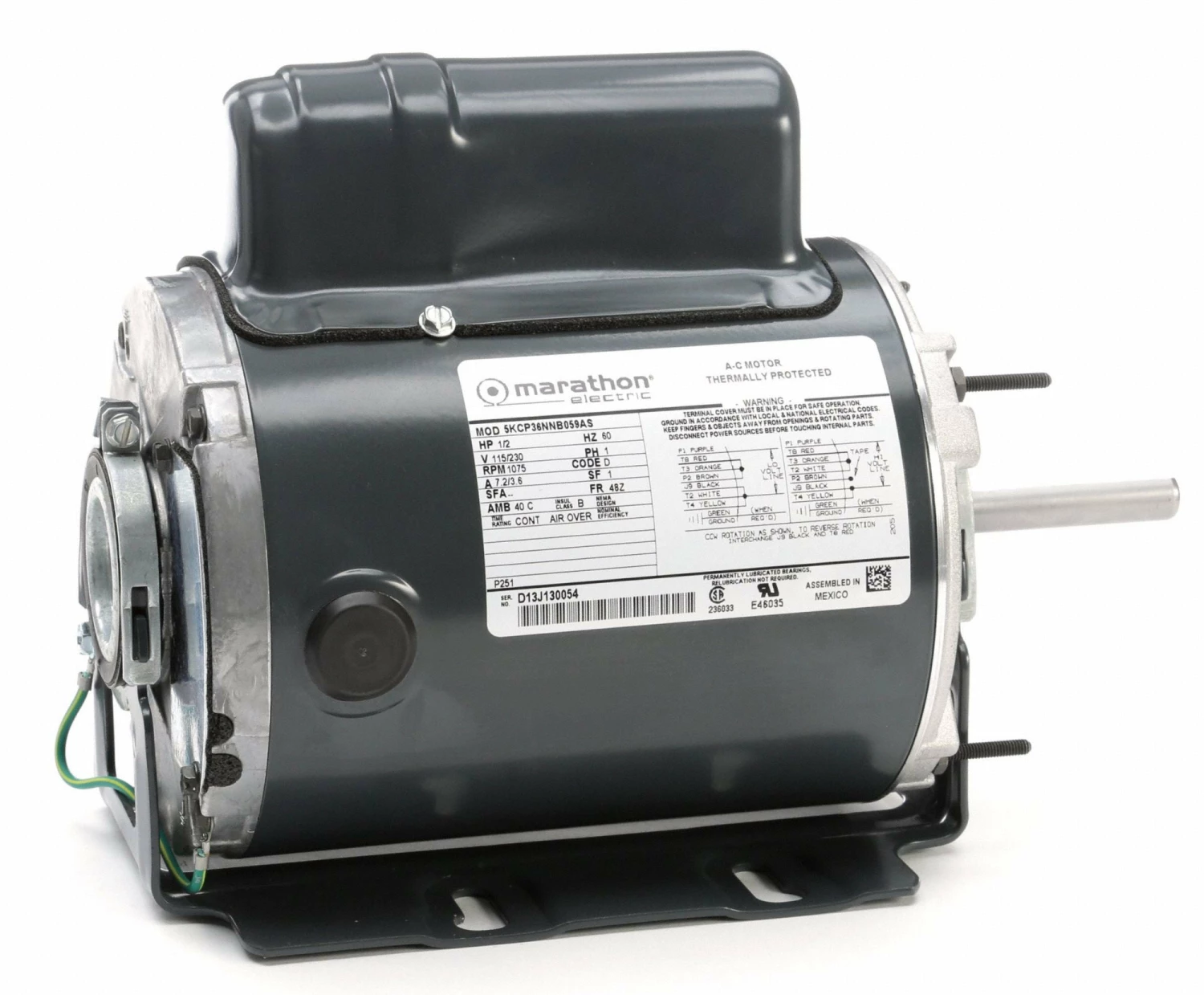 Marathon Motors 1/2 HP Agricultural Fan Motor,Permanent Split Capacitor,1075 Nameplate RPM,115/230 Voltage - 5KCP36NNB059S - Image 2