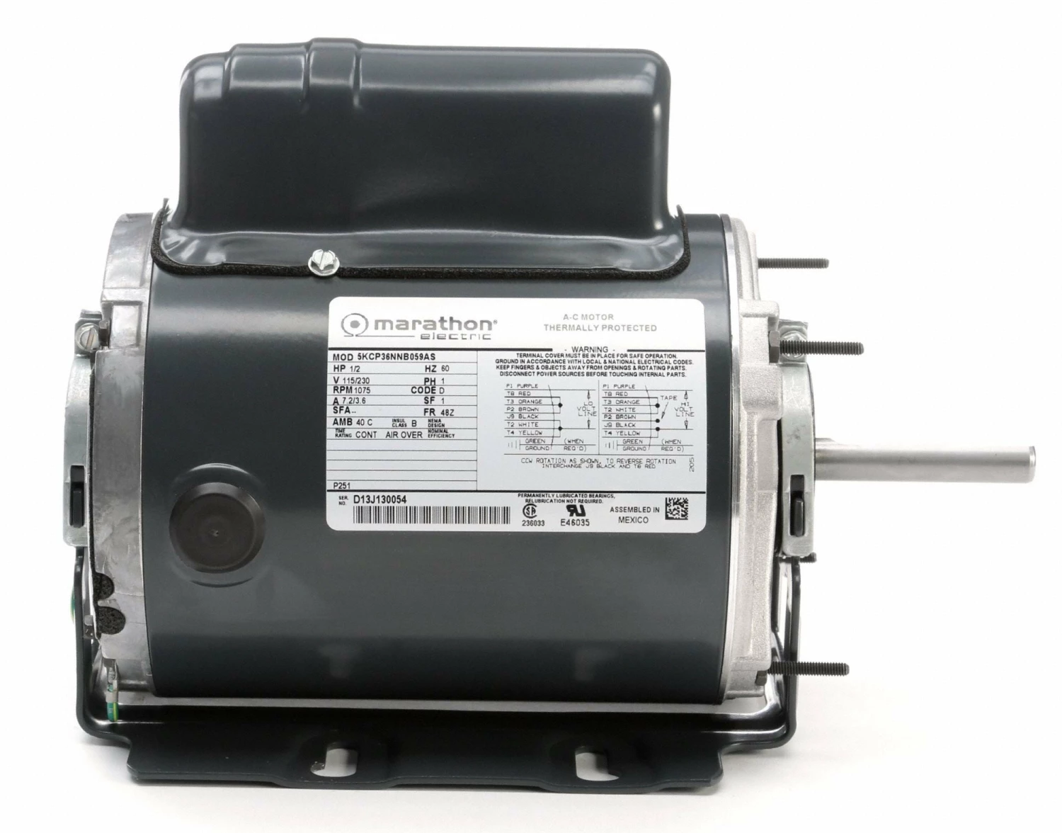 Marathon Motors 1/2 HP Agricultural Fan Motor,Permanent Split Capacitor,1075 Nameplate RPM,115/230 Voltage - 5KCP36NNB059S - Image 4