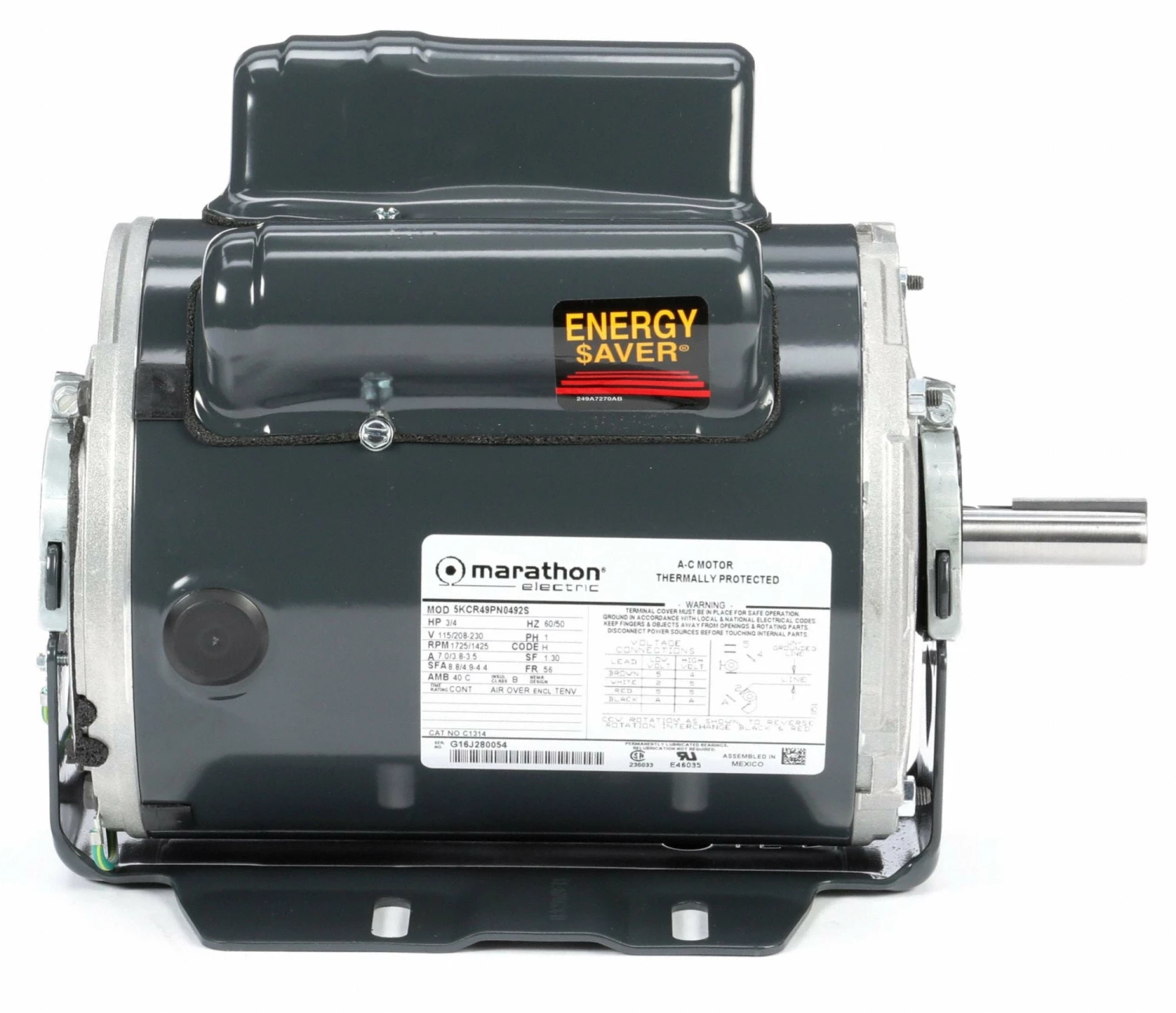 Marathon Motors 3/4 HP Agricultural Fan Motor,Capacitor-Start/Run,1725/1425 Nameplate RPM,115/208-230 Voltage - 5KCR49PN0492S - Image 4