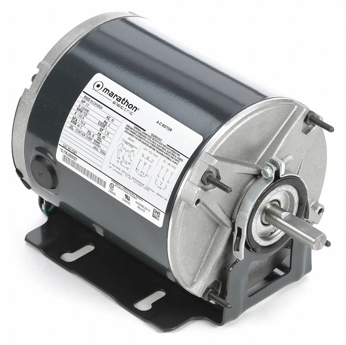 Marathon Motors 1/3 HP Belt Drive Motor, 3-Phase, 1725 Nameplate RPM, 230/460 Voltage, Frame 48 - 5K33KN52