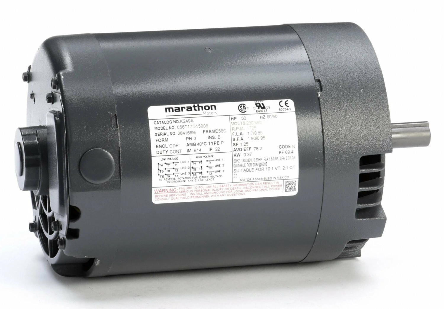 Marathon Motors 1/2 HP, General Purpose Motor, 3-Phase, 1725 Nameplate RPM, 230/460 Voltage, 56C Frame - 056T17D15909 - Image 2