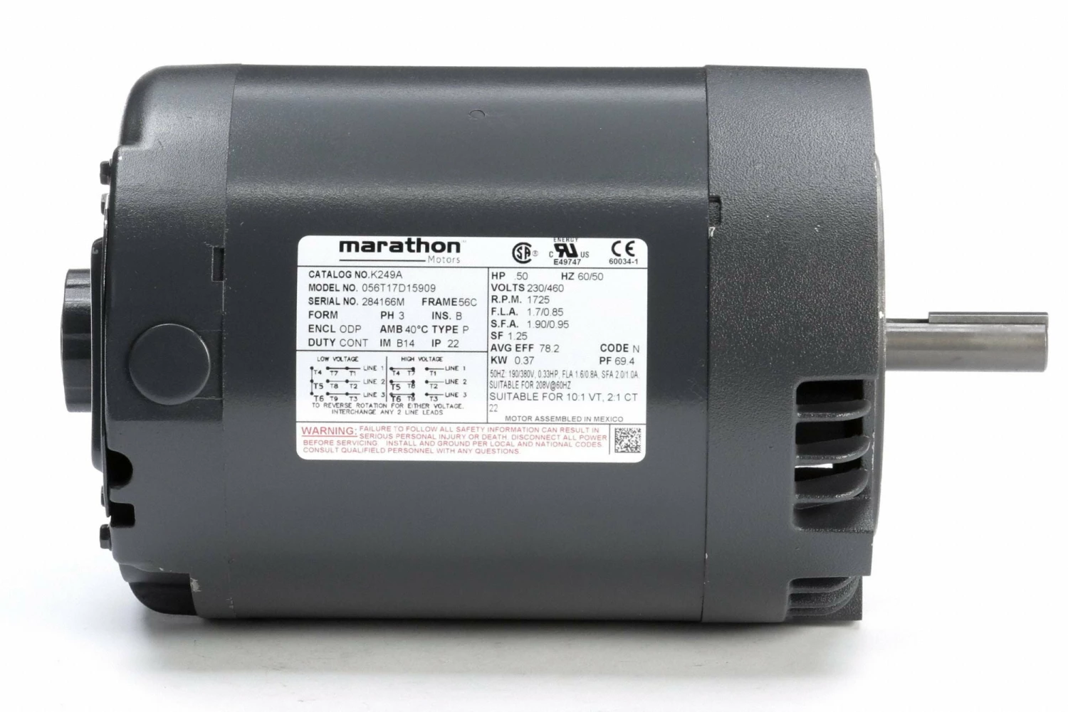 Marathon Motors 1/2 HP, General Purpose Motor, 3-Phase, 1725 Nameplate RPM, 230/460 Voltage, 56C Frame - 056T17D15909 - Image 4