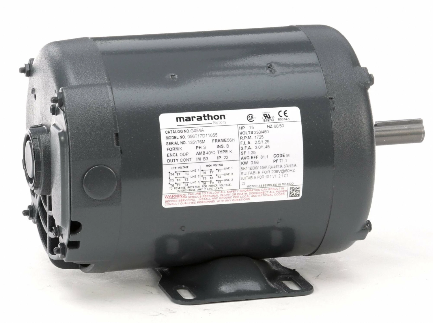 Marathon Motors 3/4 HP, General Purpose Motor, 3-Phase, 1725 Nameplate RPM, 230/460 Voltage, 56 Frame - 056T17D11055 - Image 2