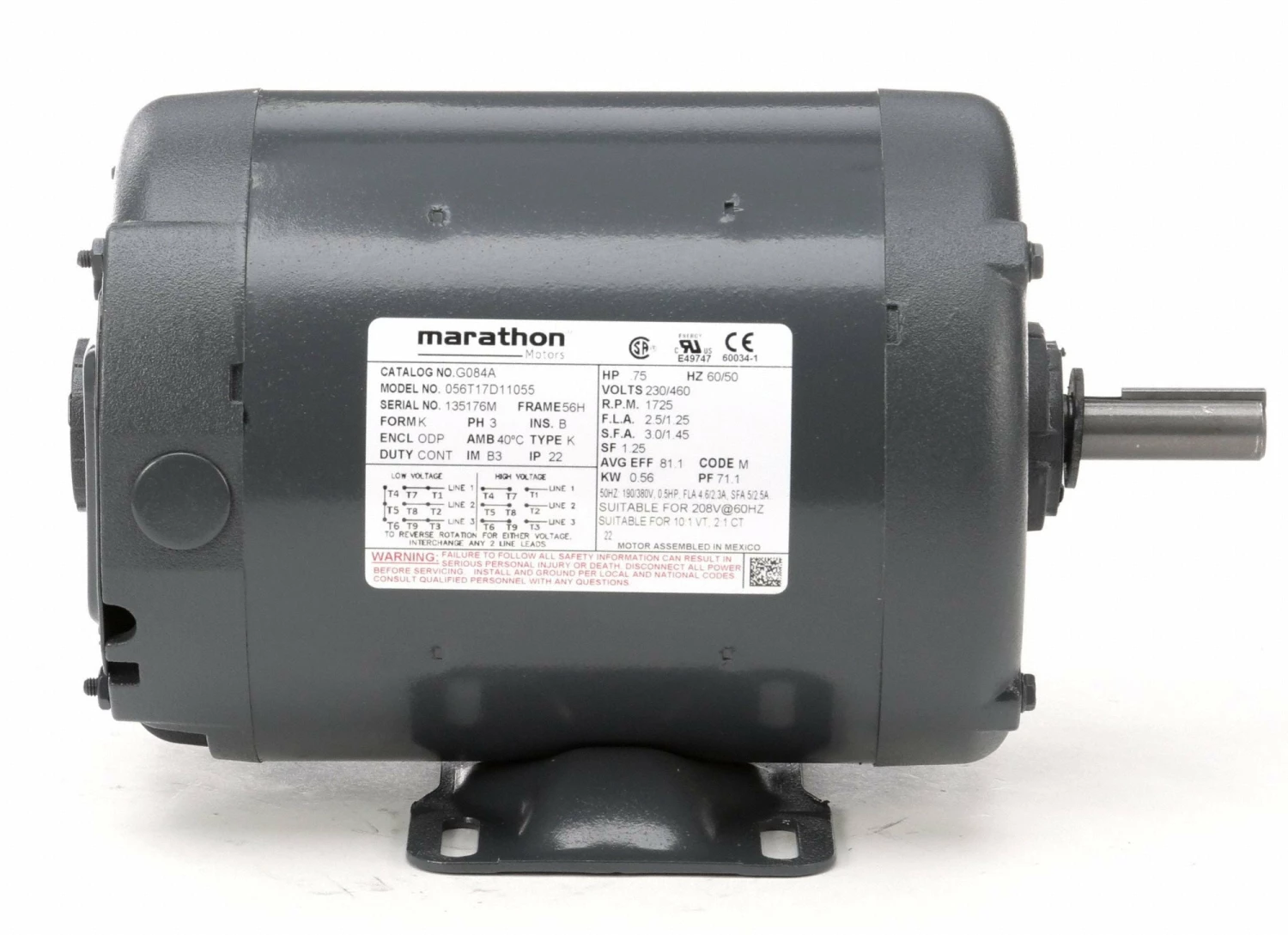 Marathon Motors 3/4 HP, General Purpose Motor, 3-Phase, 1725 Nameplate RPM, 230/460 Voltage, 56 Frame - 056T17D11055 - Image 4