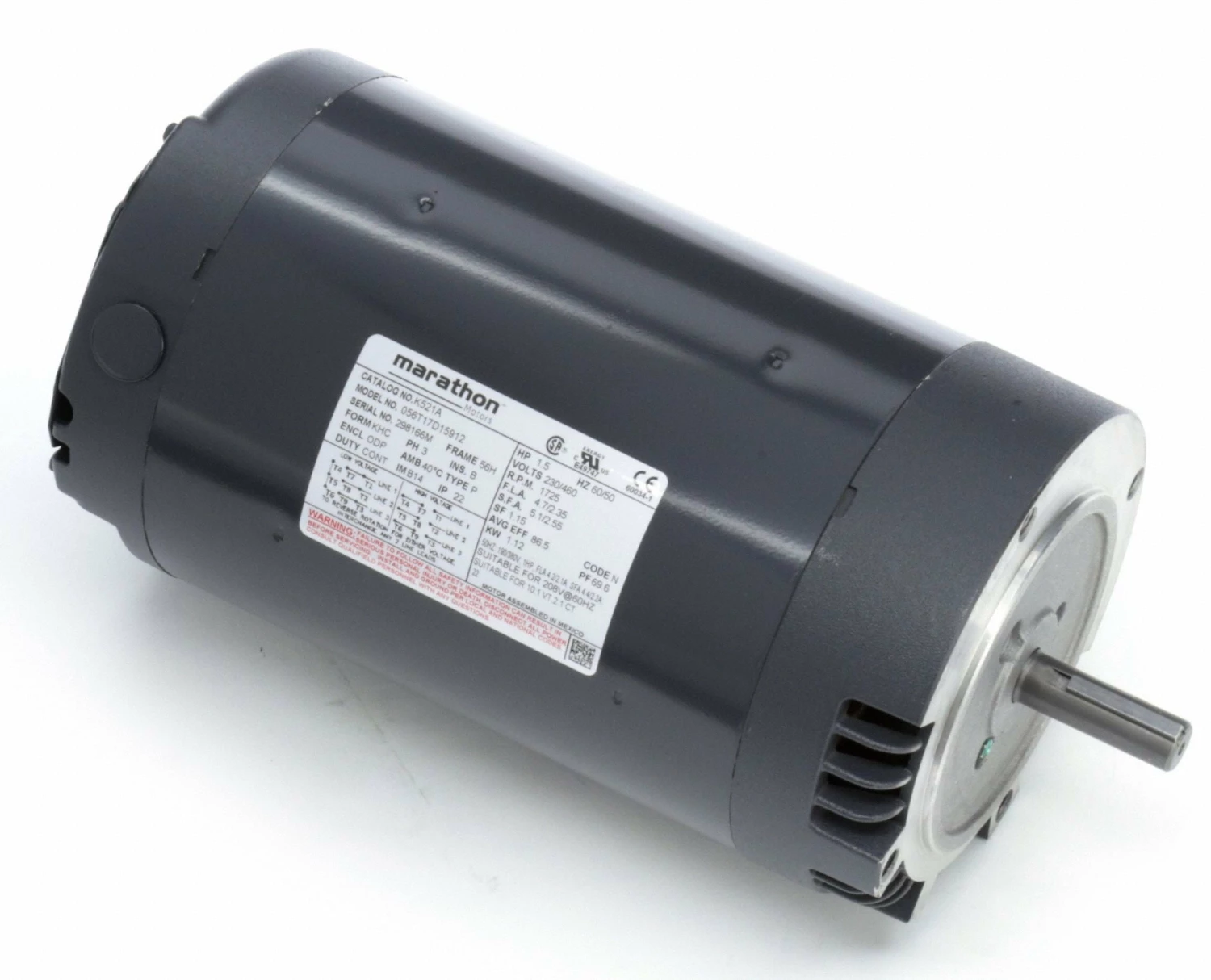 Marathon Motors 1 1/2 HP, General Purpose Motor, 3-Phase, 1725 Nameplate RPM, 230/460 Voltage, 56C Frame - 056T17D15912 - Image 2
