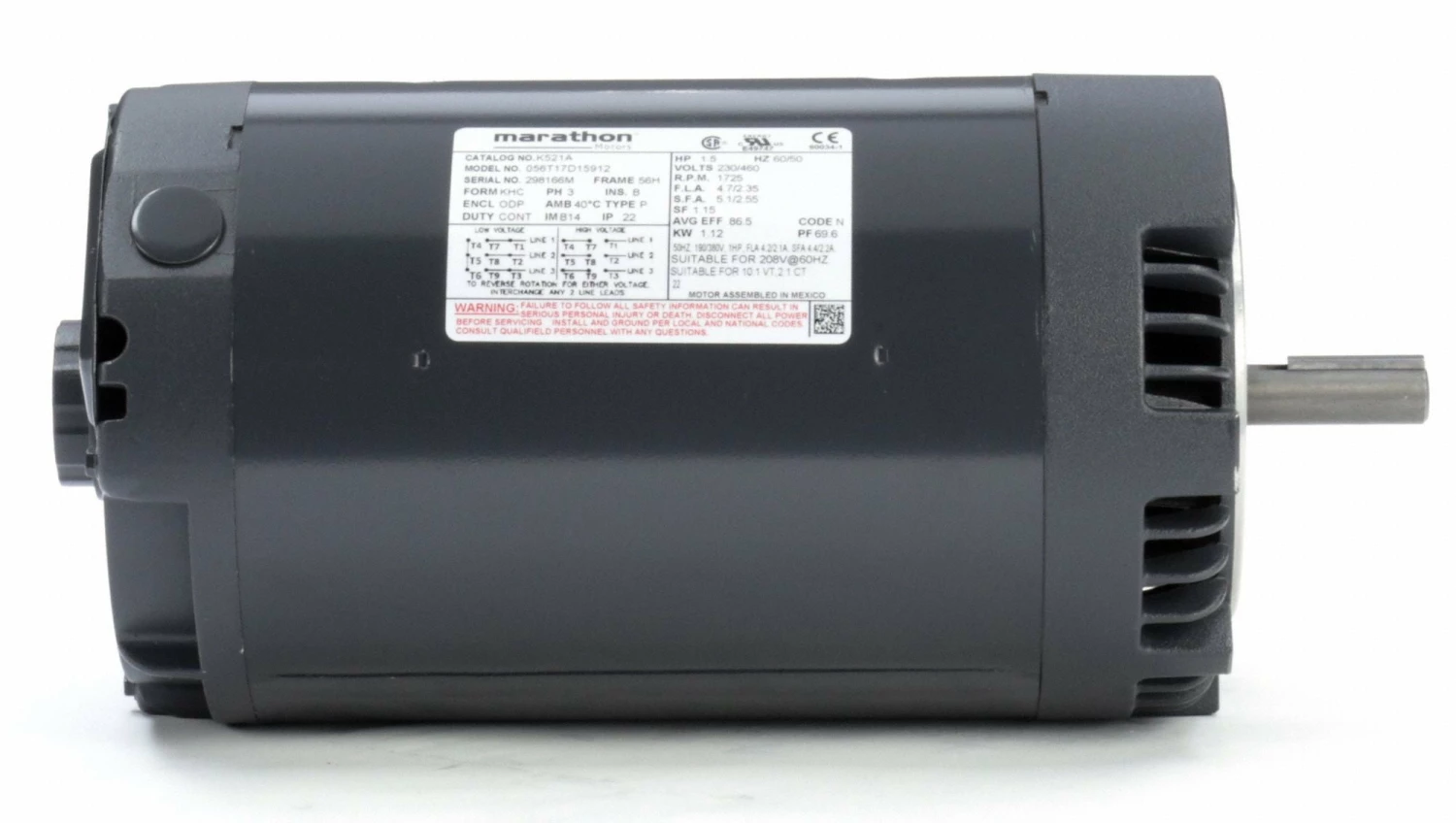 Marathon Motors 1 1/2 HP, General Purpose Motor, 3-Phase, 1725 Nameplate RPM, 230/460 Voltage, 56C Frame - 056T17D15912 - Image 4