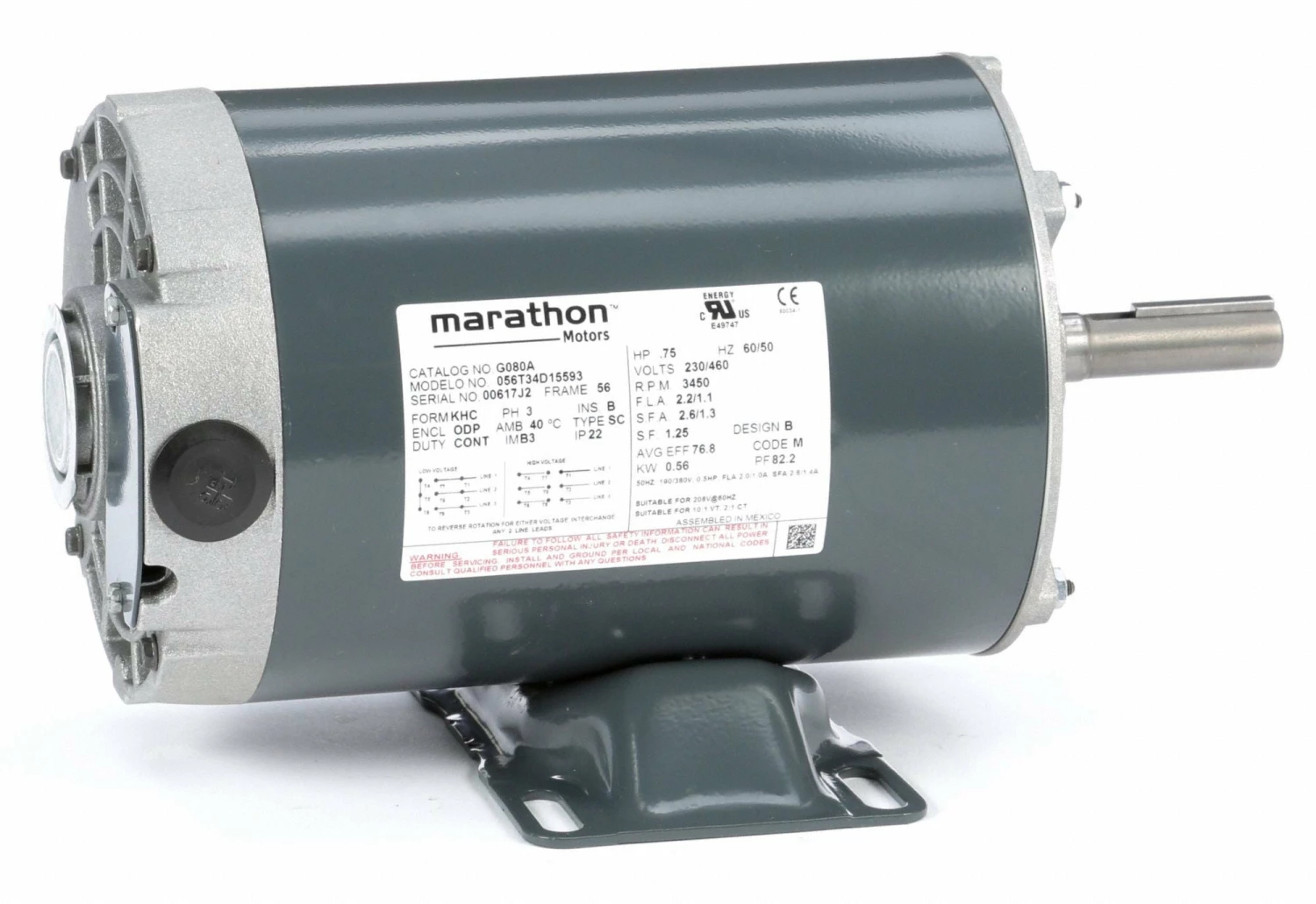 Marathon Motors 3/4 HP, General Purpose Motor, 3-Phase, 3450 Nameplate RPM, 230/460 Voltage, 56 Frame - 056T34D15593 - Image 2