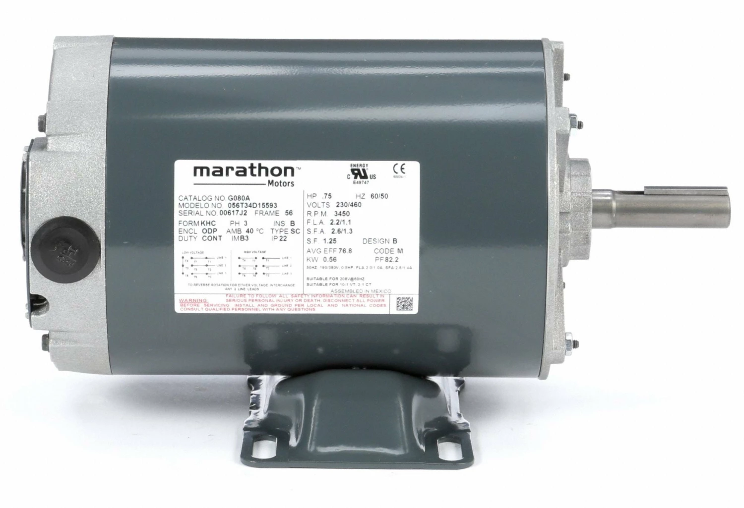 Marathon Motors 3/4 HP, General Purpose Motor, 3-Phase, 3450 Nameplate RPM, 230/460 Voltage, 56 Frame - 056T34D15593 - Image 4