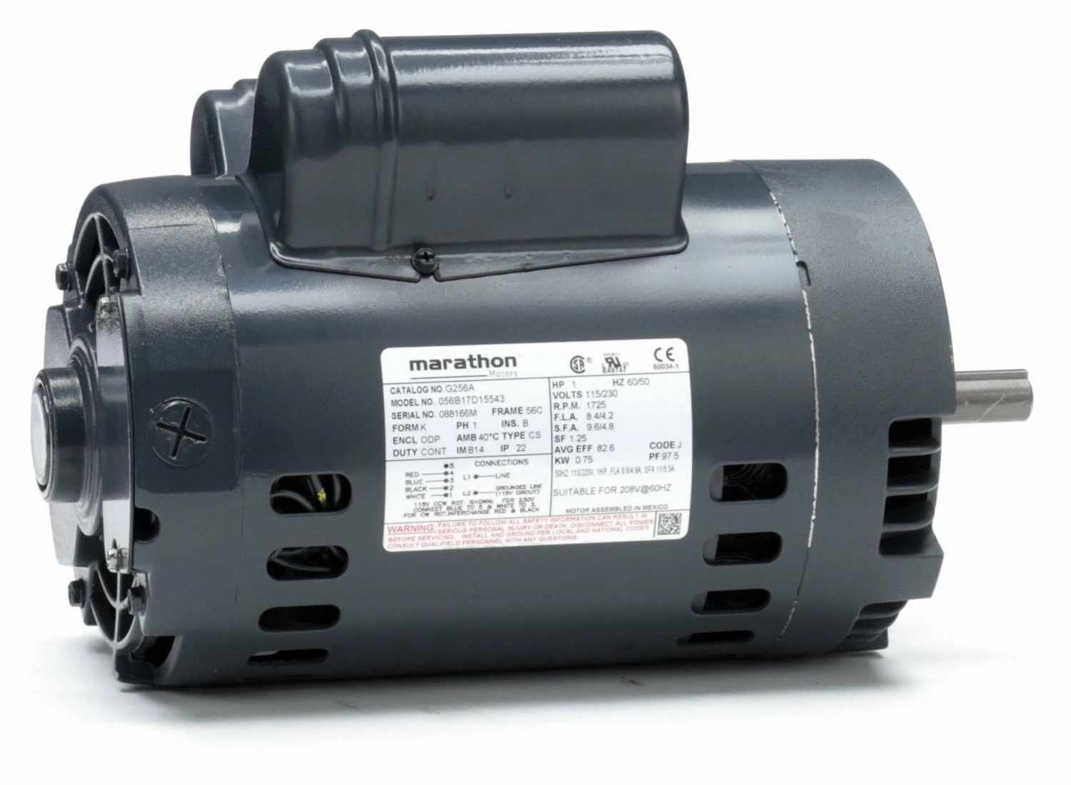 Marathon Motors 1 HP, General Purpose Motor, Capacitor-Start/Run, 1725 Nameplate RPM, 115/230 Voltage, 56 Frame - 056B17D15543 - Image 2