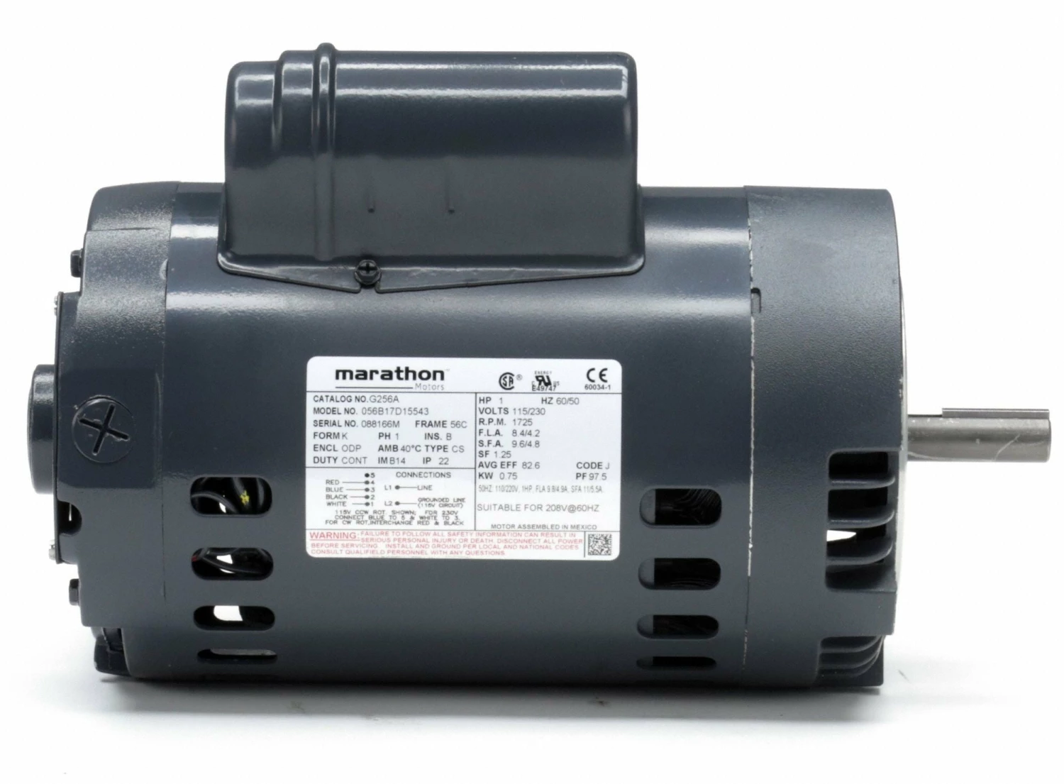 Marathon Motors 1 HP, General Purpose Motor, Capacitor-Start/Run, 1725 Nameplate RPM, 115/230 Voltage, 56 Frame - 056B17D15543 - Image 4