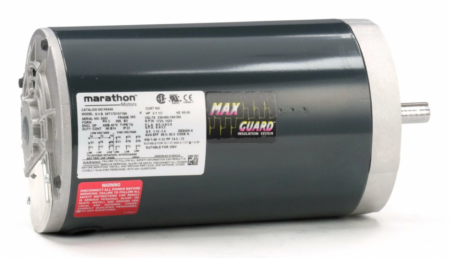 Marathon Motors 2 HP, General Purpose Motor, 3-Phase, 1725 Nameplate RPM, 230/460 Voltage, 56C Frame - 056T17D15718 - Image 2