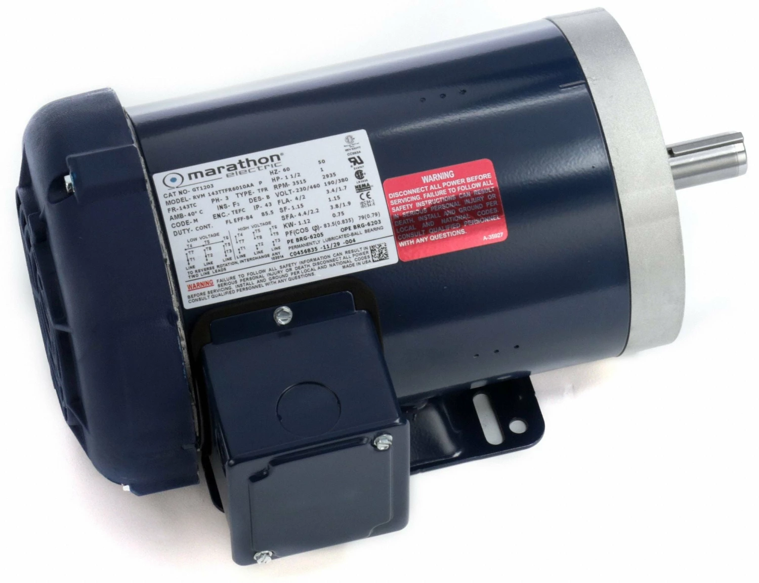 Marathon Motors 1 1/2 HP, General Purpose Motor, 3-Phase, 3515 Nameplate RPM, 230/460 Voltage, 143TC Frame - 143TTFR6010 - Image 2