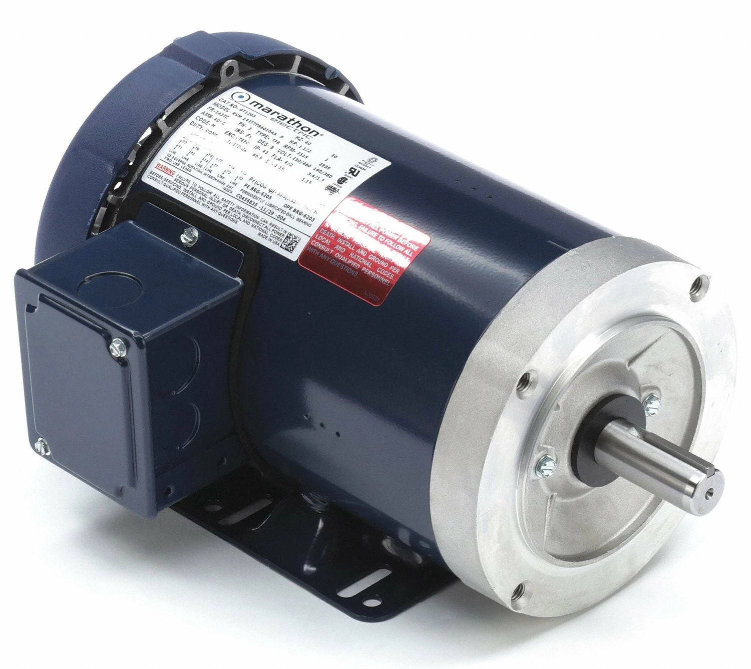 Marathon Motors 1 1/2 HP, General Purpose Motor, 3-Phase, 3515 Nameplate RPM, 230/460 Voltage, 143TC Frame - 143TTFR6010