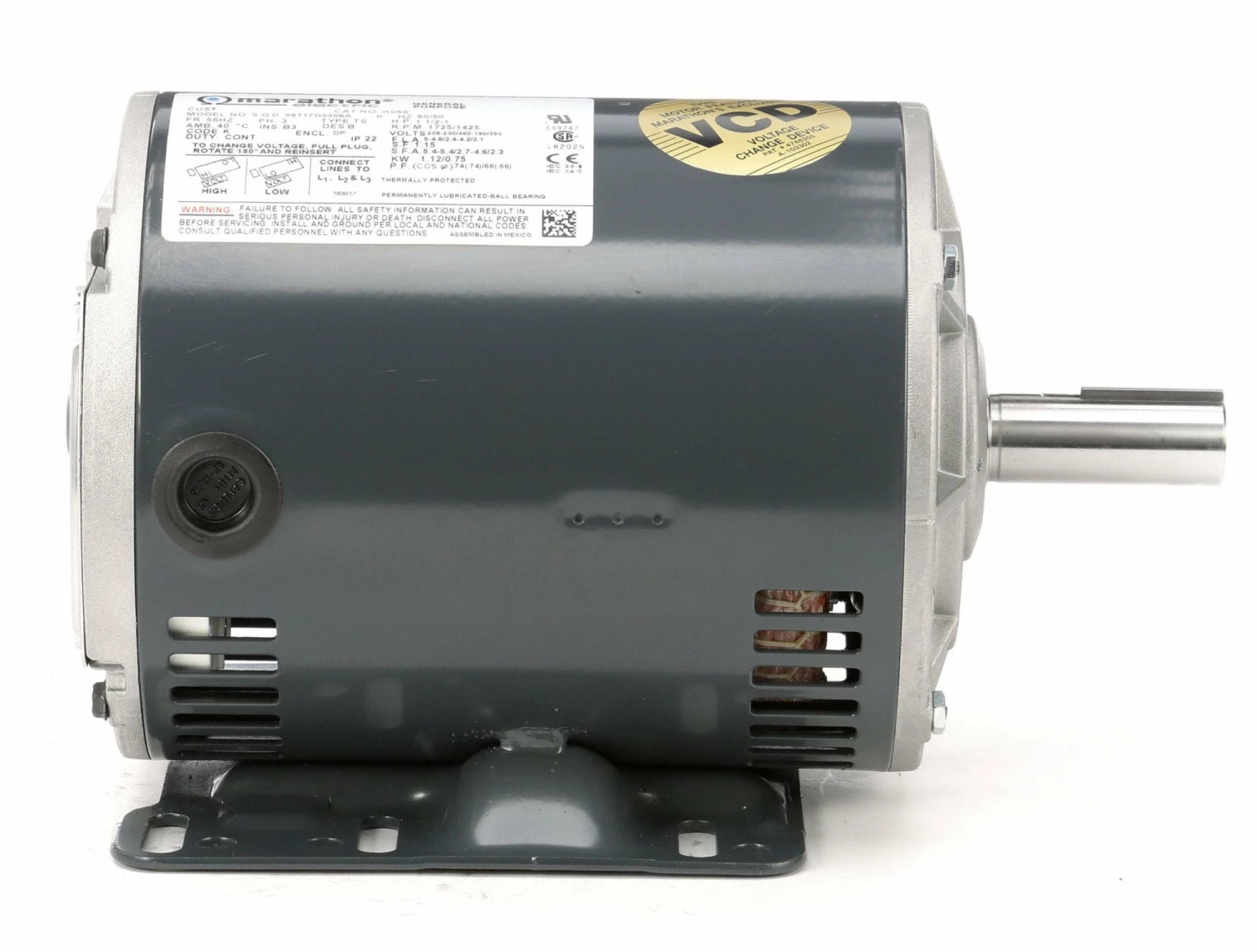 Marathon Motors 1 1/2 HP, General Purpose Motor, 3-Phase, 1725 Nameplate RPM, 208-230/460 Voltage, 56HZ Frame - 056T17D3306 - Image 4