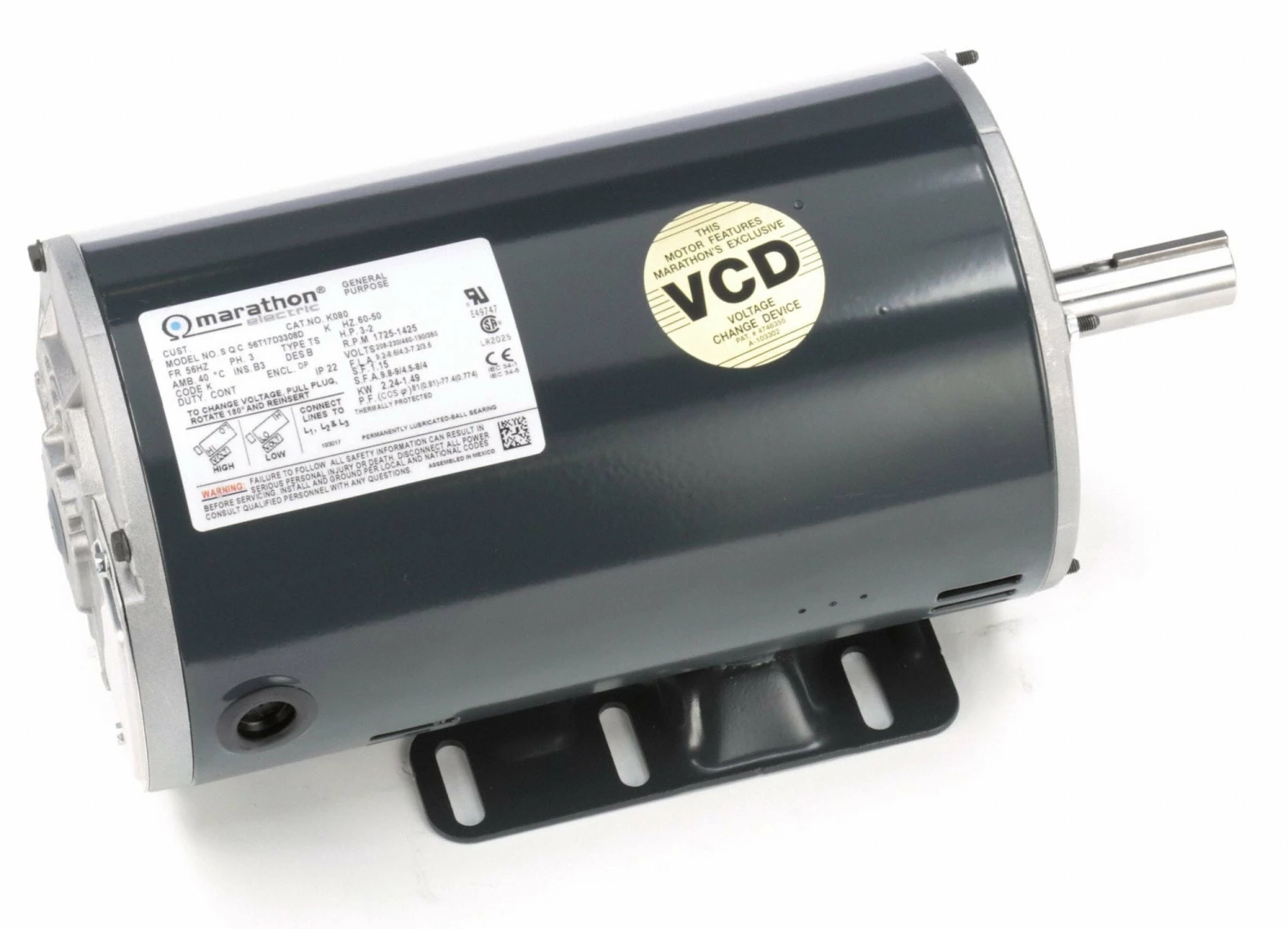 Marathon Motors 3 HP, General Purpose Motor, 3-Phase, 1725 Nameplate RPM, 208-230/460 Voltage, 56HZ Frame - 056T17D3308 - Image 2