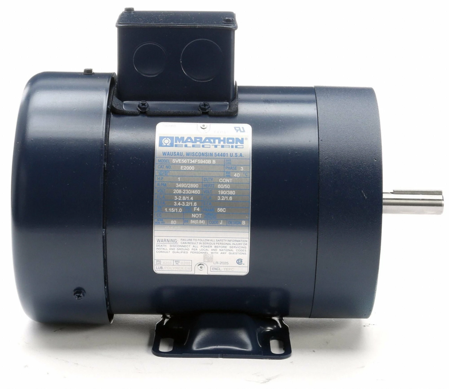 Marathon Motors 1 HP, General Purpose Motor, 3-Phase, 3490 Nameplate RPM, 230/460 Voltage, 56C Frame - 056T34F5940 - Image 4