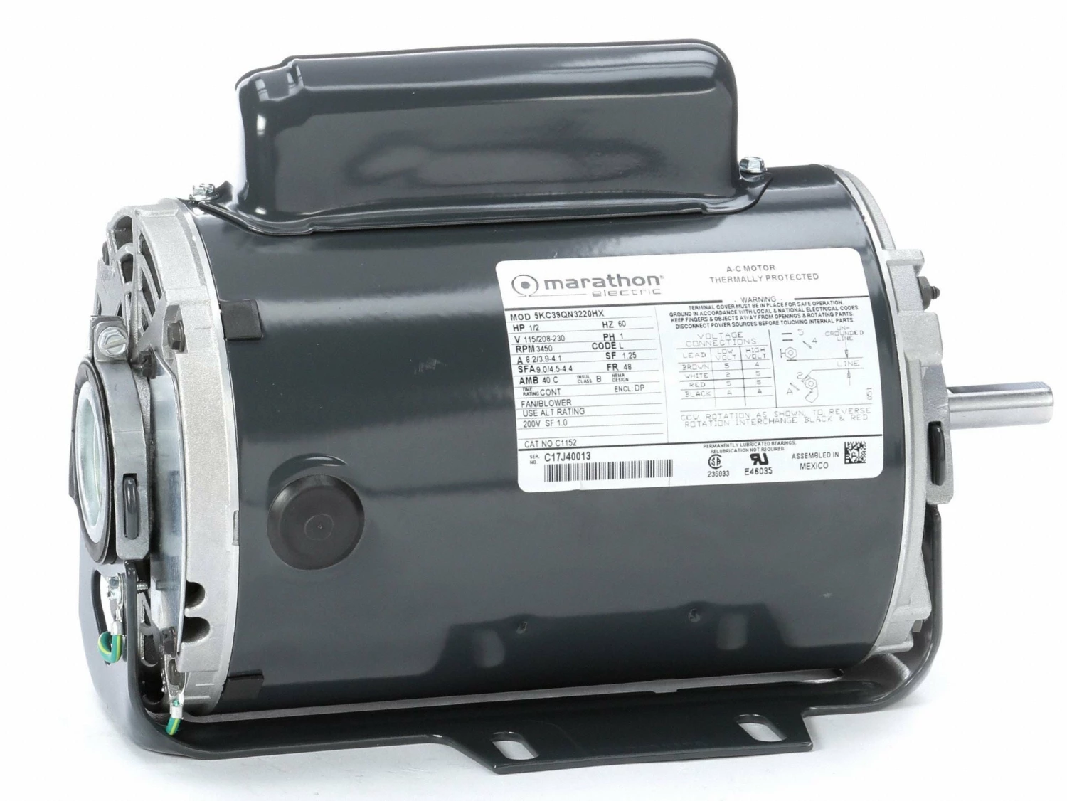 Marathon Motors 1/2 HP, General Purpose Motor, Capacitor-Start, 3450 Nameplate RPM, 115/208-230 Voltage - 5KC39QN3220X - Image 2