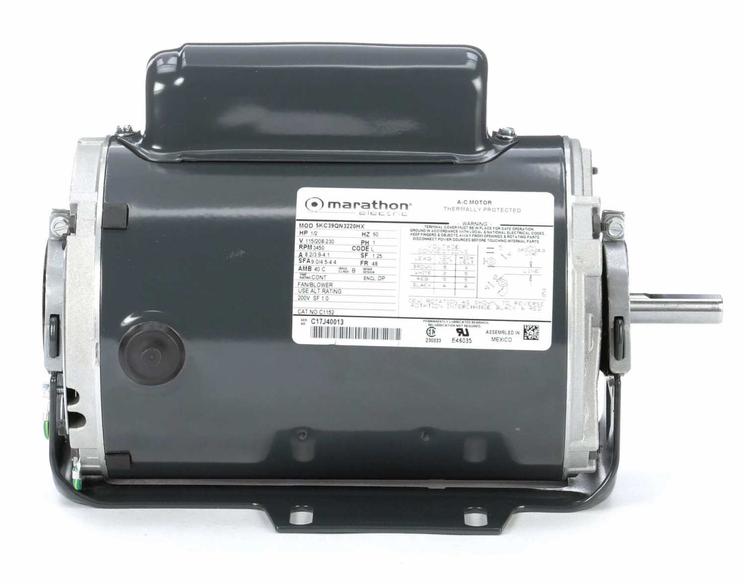 Marathon Motors 1/2 HP, General Purpose Motor, Capacitor-Start, 3450 Nameplate RPM, 115/208-230 Voltage - 5KC39QN3220X - Image 4