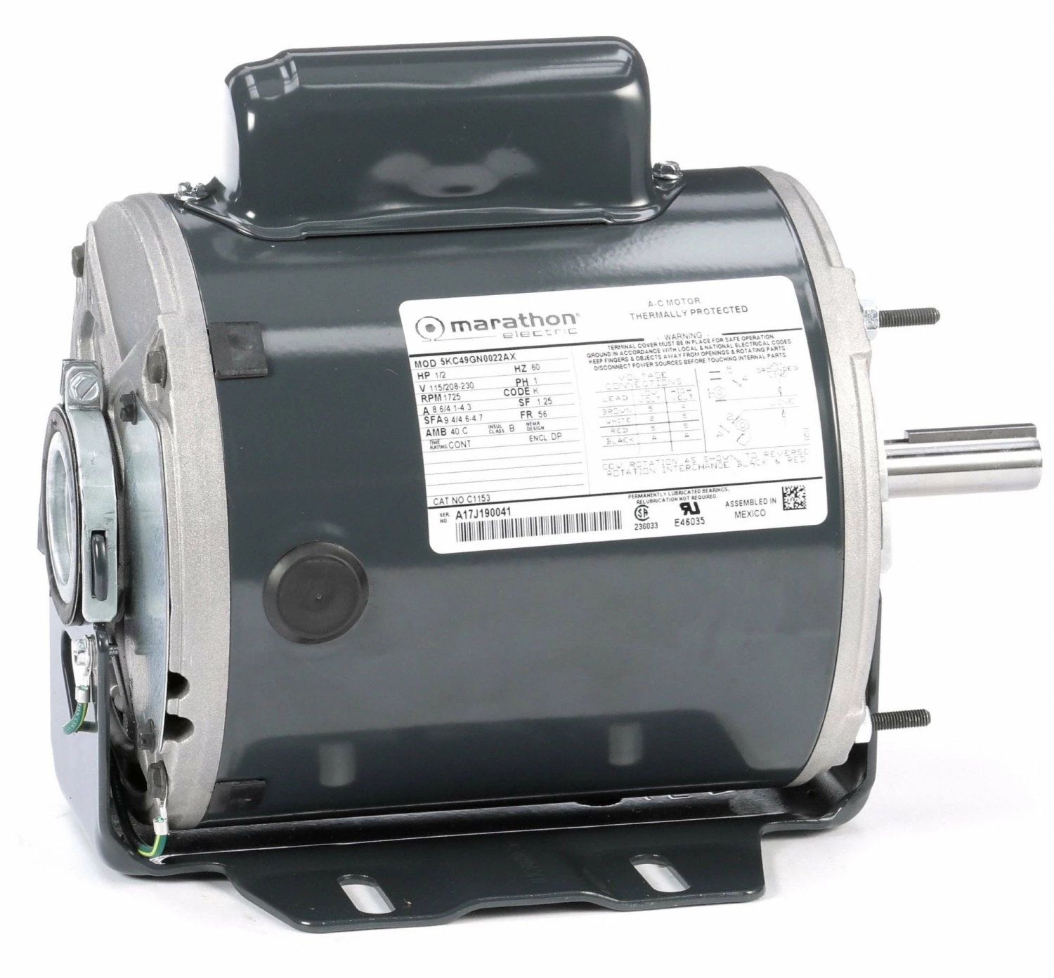 Marathon Motors 1/2 HP, General Purpose Motor, Capacitor-Start, 1725 Nameplate RPM, 115/208-230 Voltage - 5KC49GN0022X - Image 2