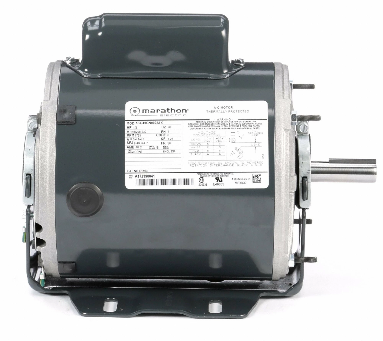 Marathon Motors 1/2 HP, General Purpose Motor, Capacitor-Start, 1725 Nameplate RPM, 115/208-230 Voltage - 5KC49GN0022X - Image 4