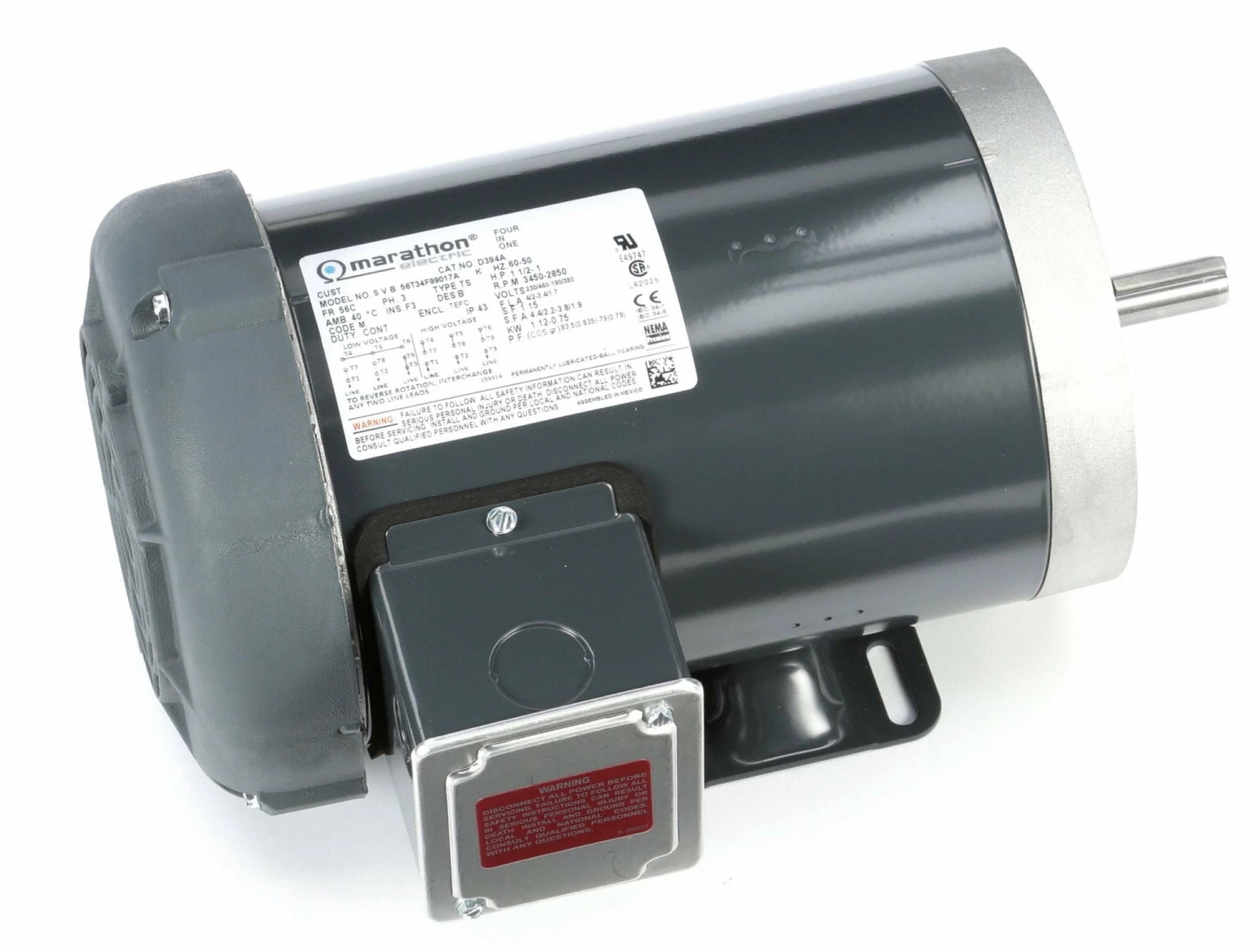 Marathon Motors 1 1/2 HP, General Purpose Motor, 3-Phase, 3450 Nameplate RPM, 230/460 Voltage, 56C Frame - 056T34F99017 - Image 2