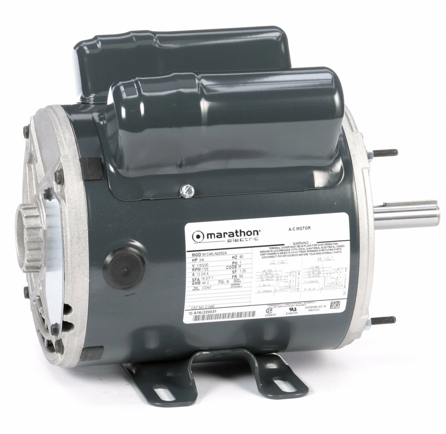Marathon Motors 3/4 HP Instant Reverse Motor,Capacitor-Start,1725 Nameplate RPM,115/230 Voltage,Frame 56 - 5KC46LN0252 - Image 2