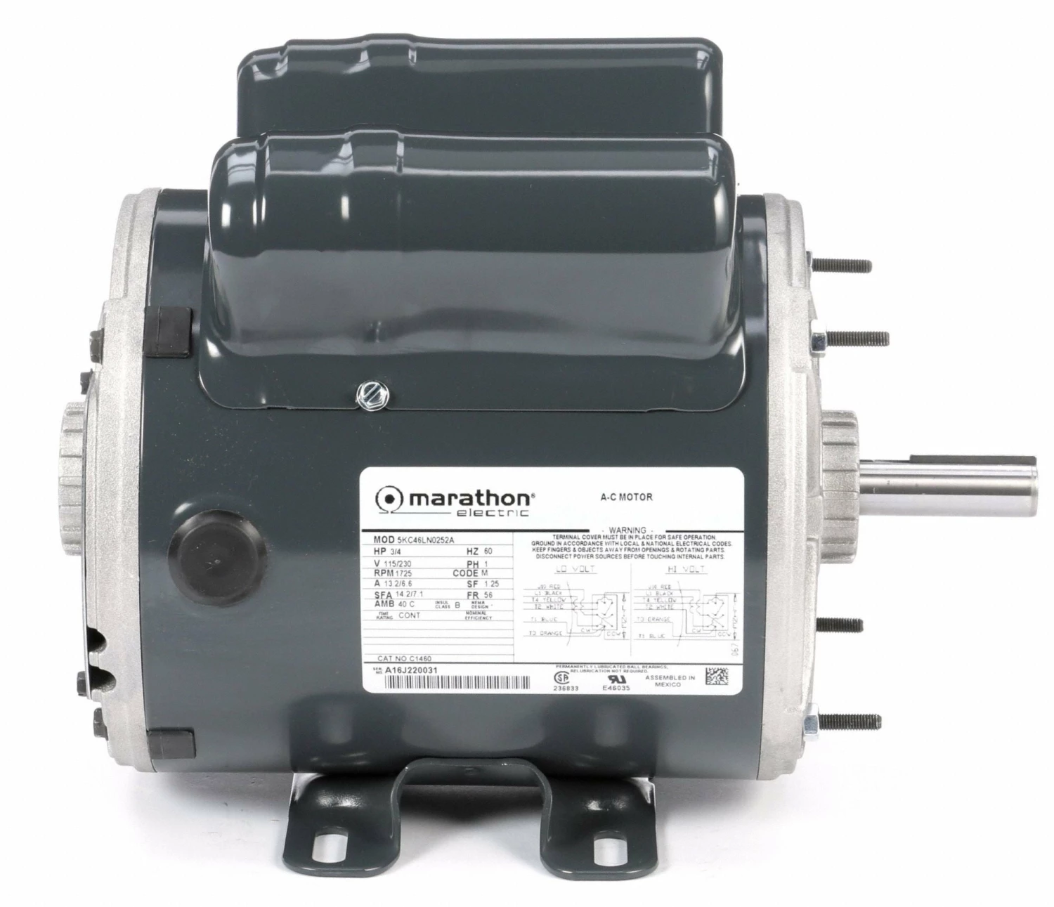 Marathon Motors 3/4 HP Instant Reverse Motor,Capacitor-Start,1725 Nameplate RPM,115/230 Voltage,Frame 56 - 5KC46LN0252 - Image 4