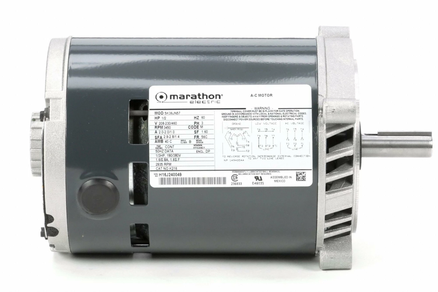 Marathon Motors 1/2 HP, General Purpose Motor, 3-Phase, 3450 Nameplate RPM, 230/460 Voltage, 56C Frame - 5K36JN57 - Image 4