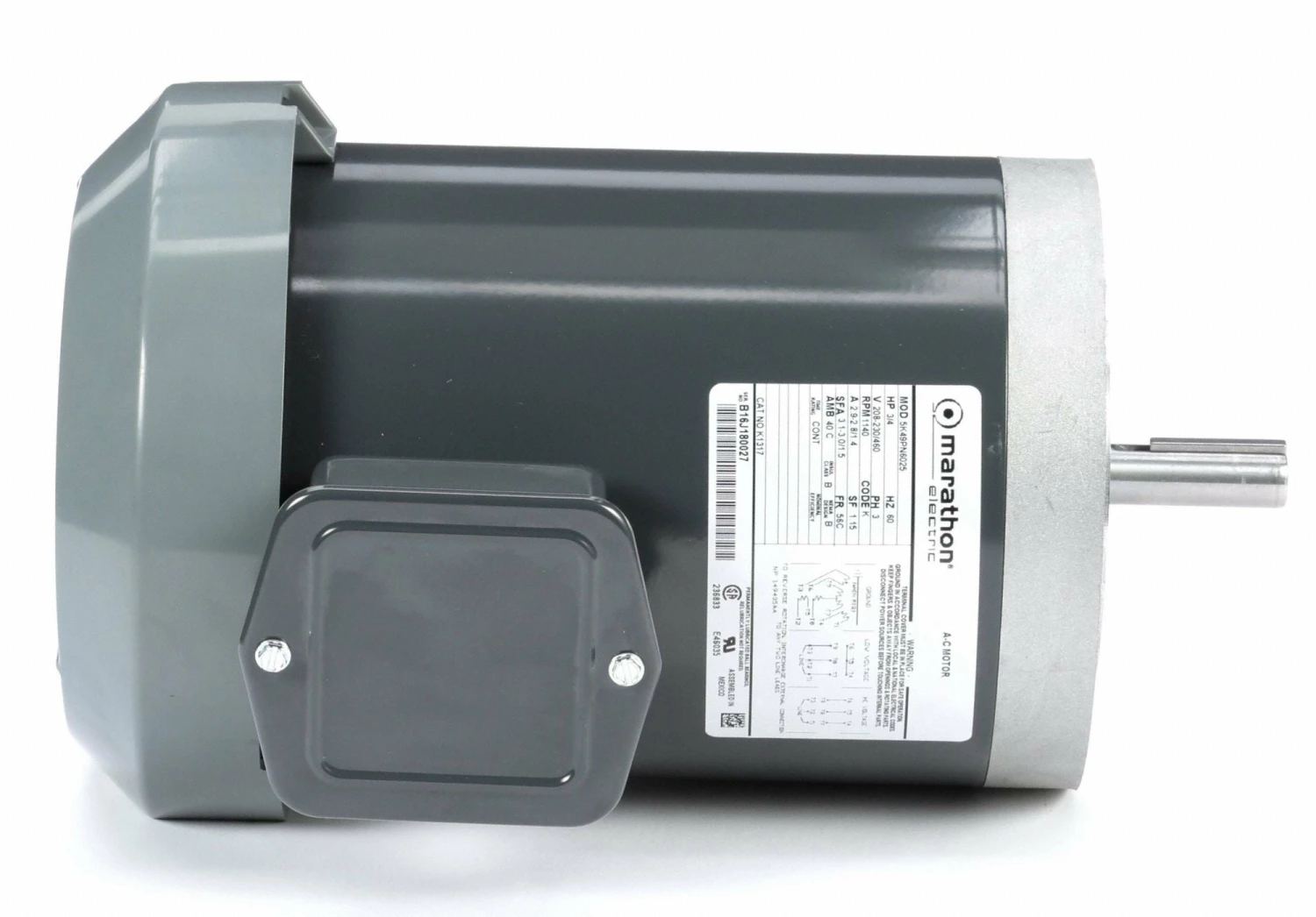 Marathon Motors 3/4 HP, General Purpose Motor, 3-Phase, 1140 Nameplate RPM, 208-230/460 Voltage, 56C Frame - 5K49PN6025 - Image 4